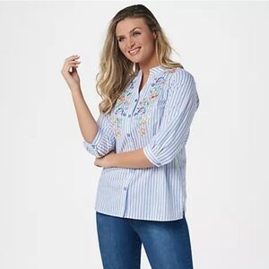 QUACKER FACTORY Floral Embroidered Stripe Button Front Women XL Cottage Core